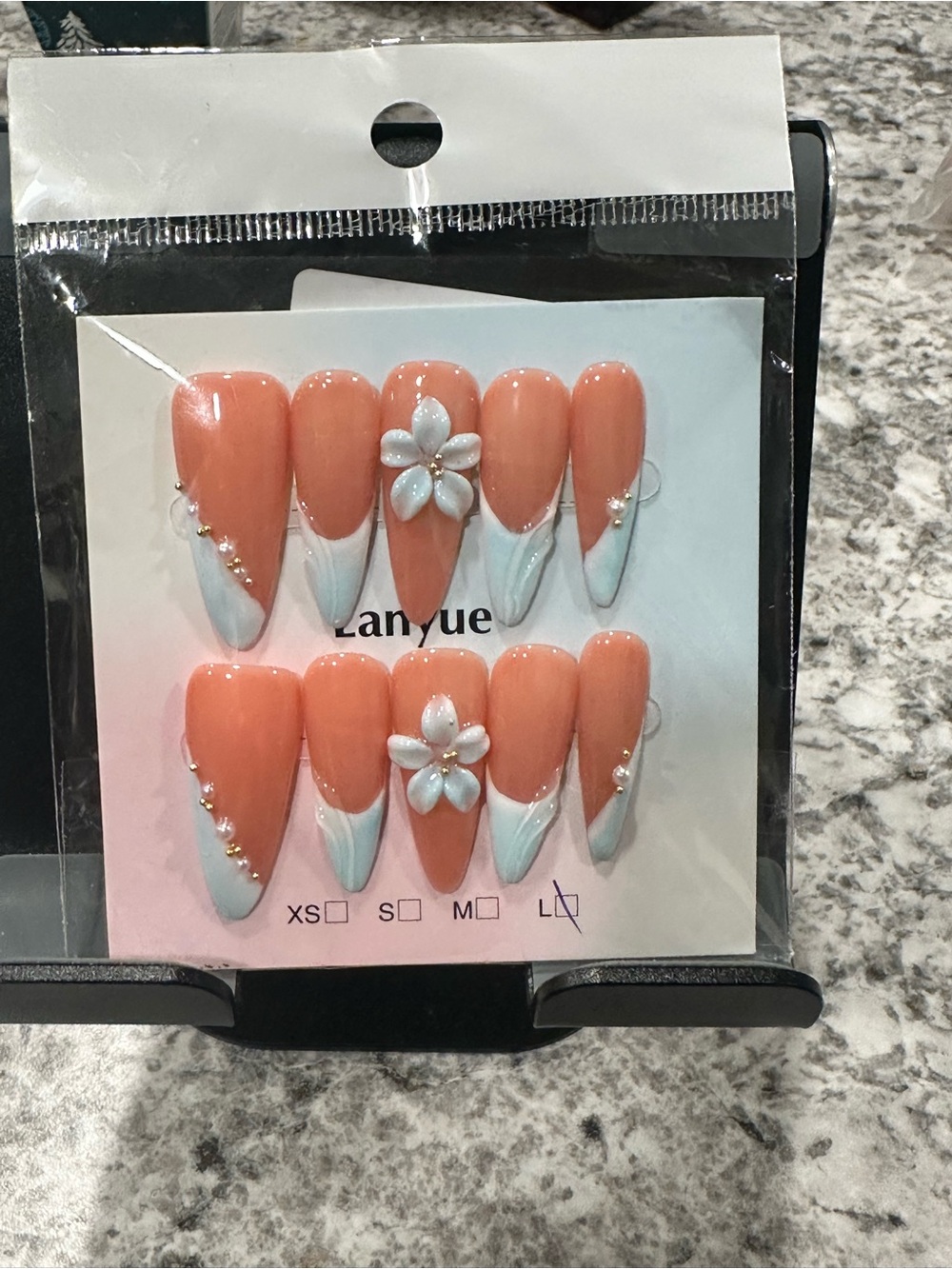 Peach & White 3D Floral Press-On Nails